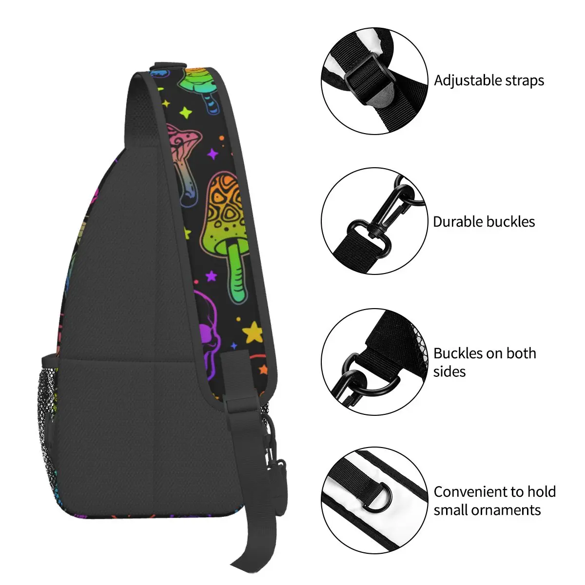 Cogumelos Psicodélicos Crossbody Sling Bag Pequeno Peito Bag Crânios Ombro Mochila Daypack para Caminhadas Viagem Ciclismo Bookbag