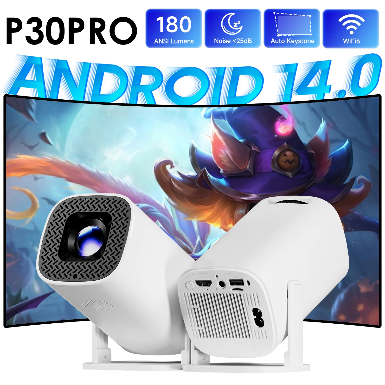 

Умный мини-проектор P30 PRO на Android 14 с WiFi6 и BT 5.0, поддержка видео 4K 1280*720P, для домашнего кинотеатра и портативного использования на улице