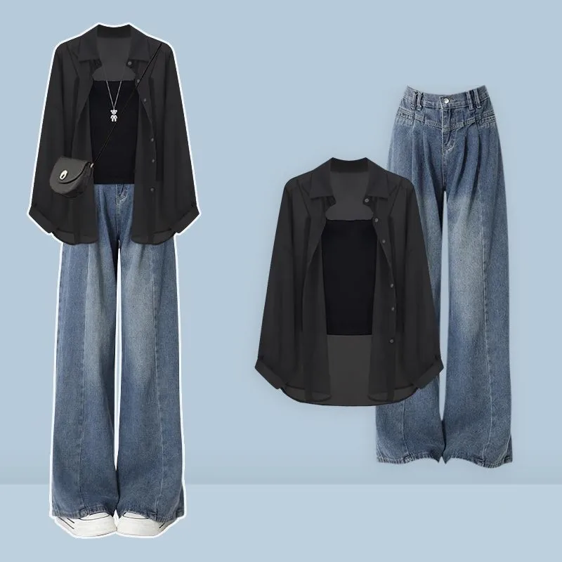 

2026 Women's Summer New Fashion Chiffon Sunscreen Shirt+Strap+Jeans 3-piece Set Korean Elegant Casual Denim Pants Matching Set