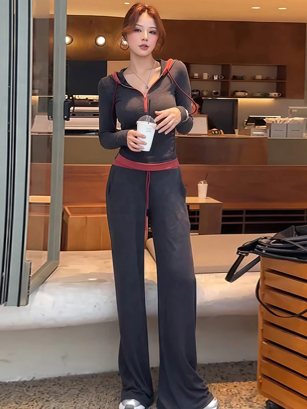 

Fashionable Sporty Two-Piece Set Women's Slim Fit Casual Wear Spring Season High Waist Wide Leg Pants Hoodie Comfortable Style
