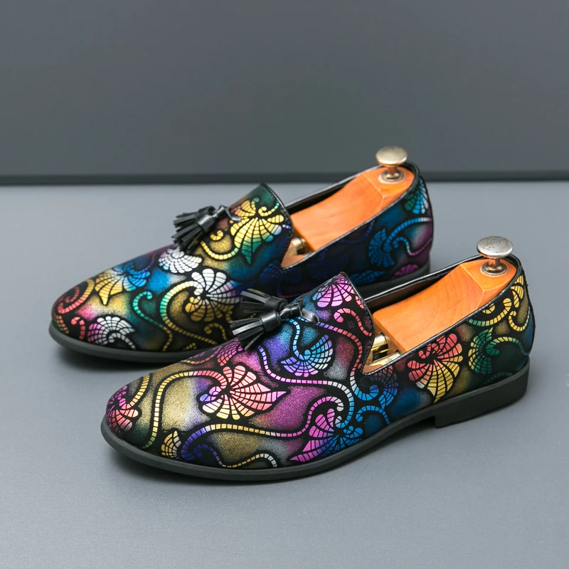 Colorful Luxury Men's Party Shoes Slip-on Leather Loafers Prom Dress Shoes Outdoor Driving Shoes Shoes Flower Printed Tassel