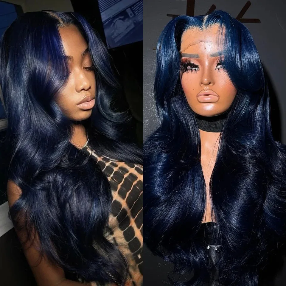 

Темно-синий парик 13x4 HD Длинные объемные волны Кружевные фронтальные парики Бесклеевые предварительно сорванные синтетические высококачественные готовые к ношению Косплей на продажу