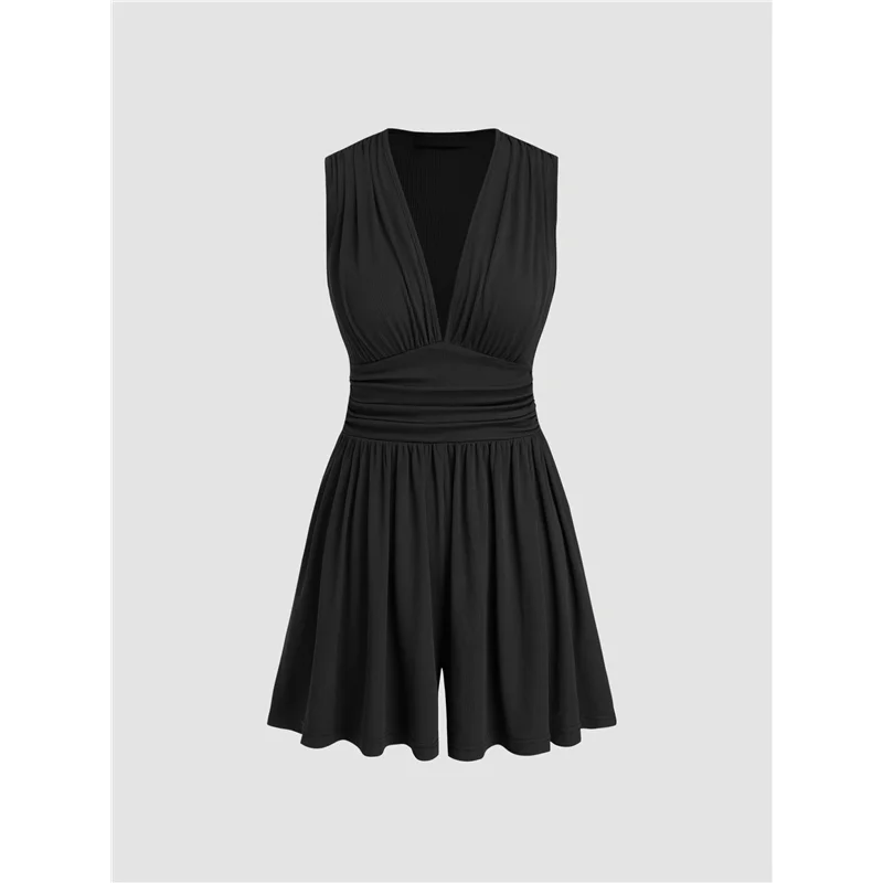 

A30F-Womens Deep V Neck Wrinkles Jumpsuit Tie Sexy- Plunge Concert Mini Outfit