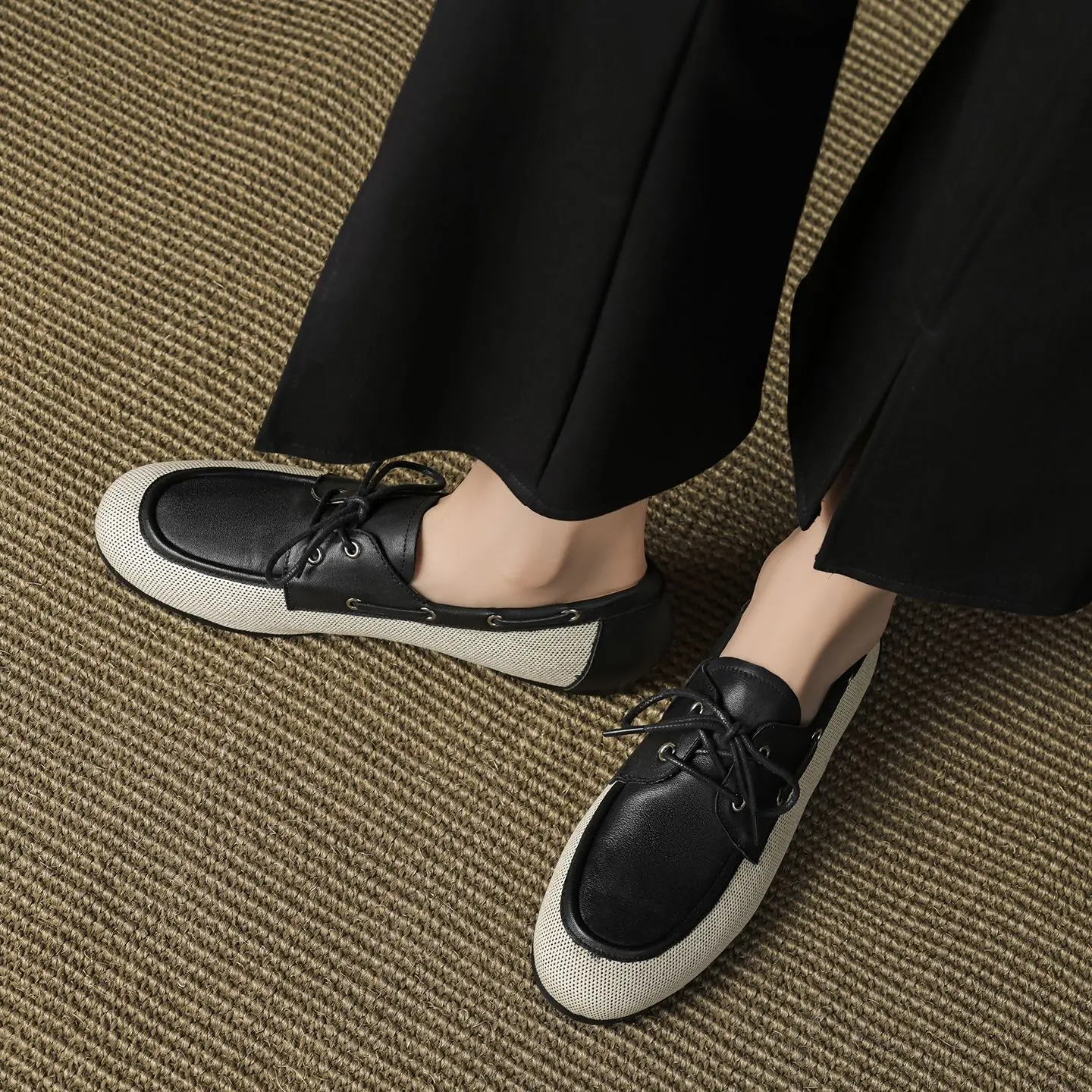 

Ladies' college style loafers, leather cowhide lace up flat bottomed British style sailing shoes, casual flat shoes