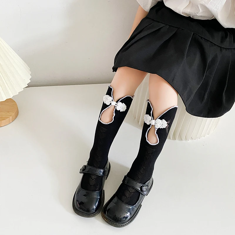 Spring Summer Thin Lolita Mid Calf Socks With Chinese Style Cheongsam Button And Lace Trim Breathable Elastic Knit Retro Hosiery