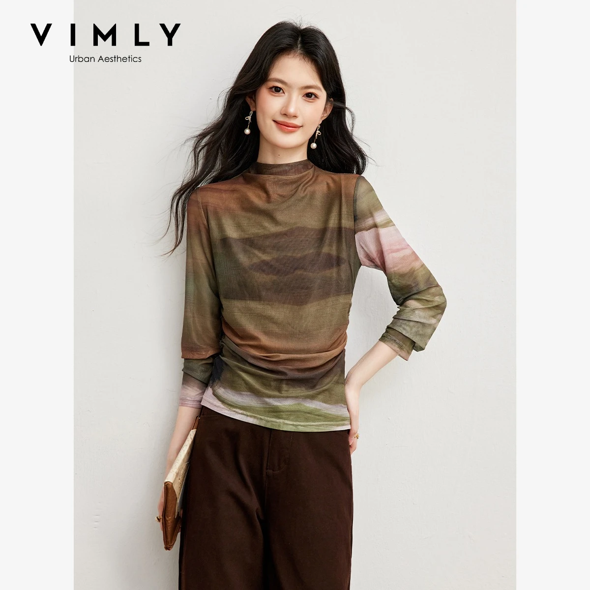 VIMLY Women's Vintage Gradient Wash Mock‑neck Knit Sweater 2026 Autumn New Contrast‑color Fashion Elegant Long Sleeve Top 31856