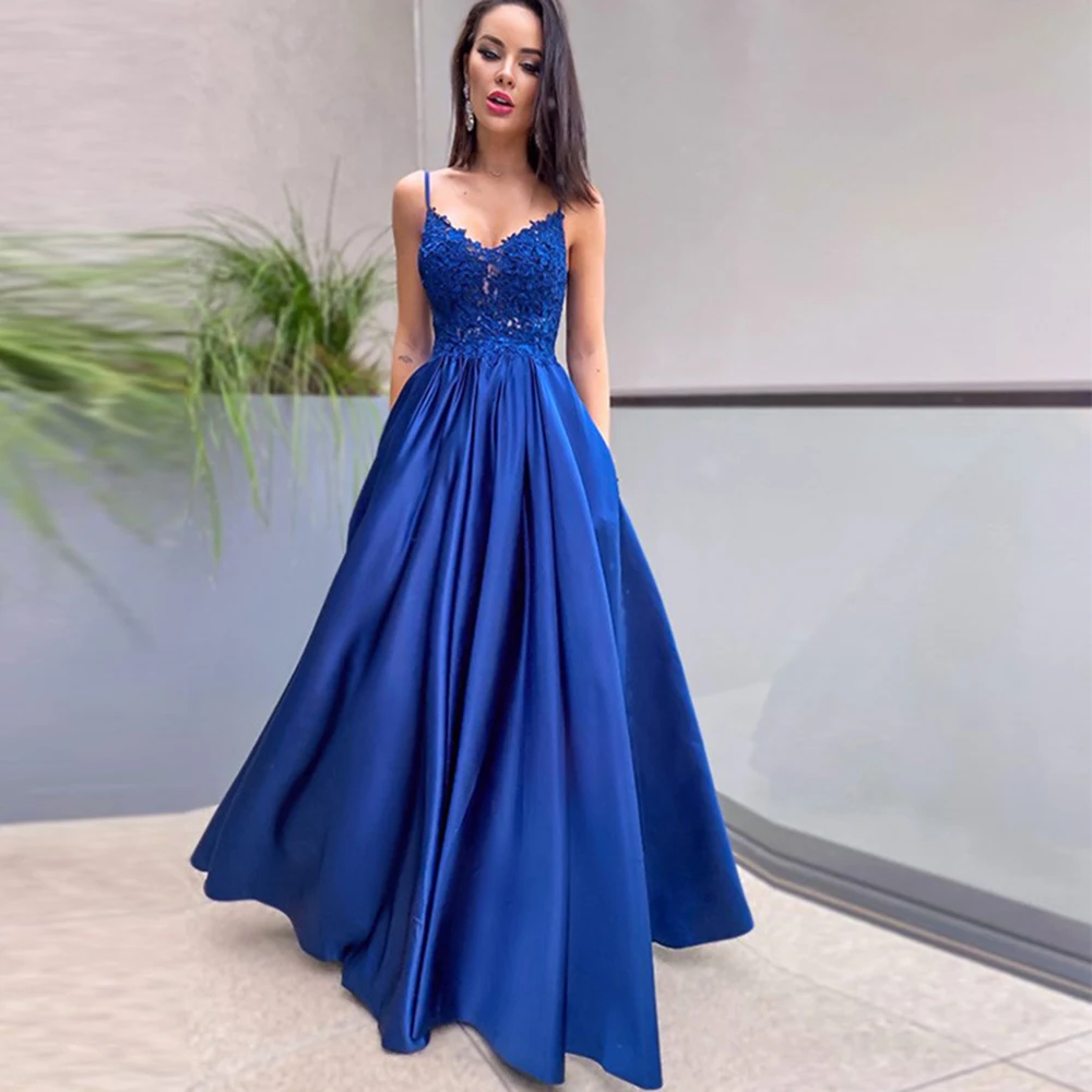 

GUXQD A-Line Royal Blue Women Evening Dresses Spaghetti Straps Appliques Prom Party Gowns Formal Vestido De Noche Abendkleider