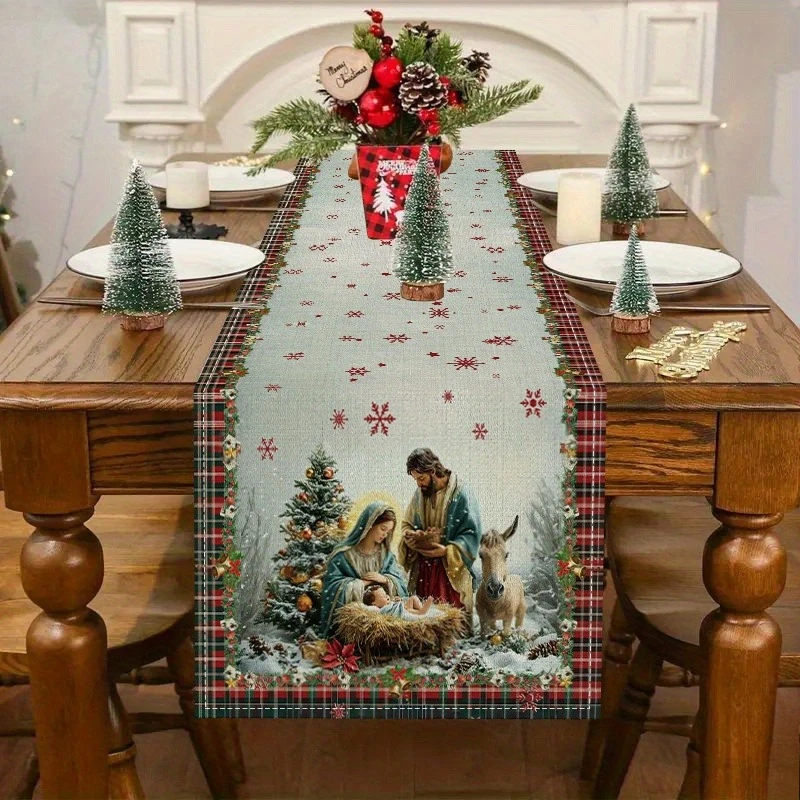 1pc Christmas Table Runner - Festive Holiday Design with Nativity Scene, Snowflakes & Red Berries,Perfect for Home Kitchen Decor