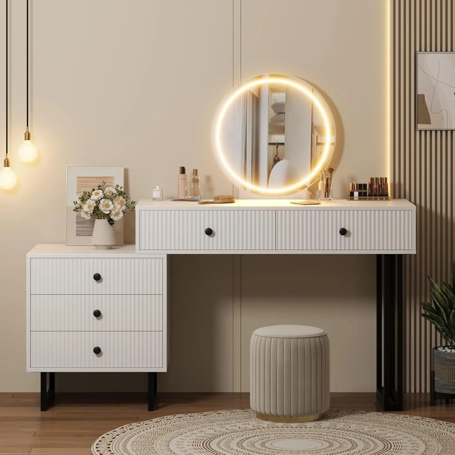 

Small Makeup Vanity w/ 5 Drawers for Bedroom, Modern Makeup Vanity Organizer with 3 Color Lights＆Adjustable Brightness USA