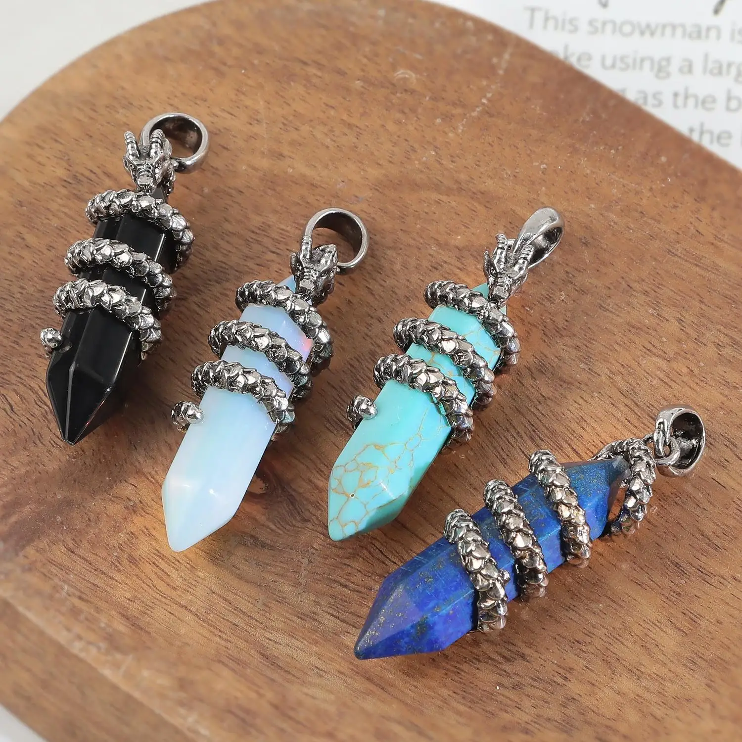 

Animal Dragon Wrapped Crystal Pendant Necklace for Women Natural Amethyst Lapis Lazuli Hexagon Stone Pendants Vintage Jewelry