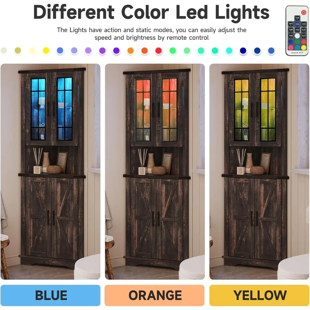 خزانة زاوية مضيئة بإضاءة LED للتخزين في غرفة المعيشة أو المطبخ أو الحمام - طويلة، بني غامق عتيق #4