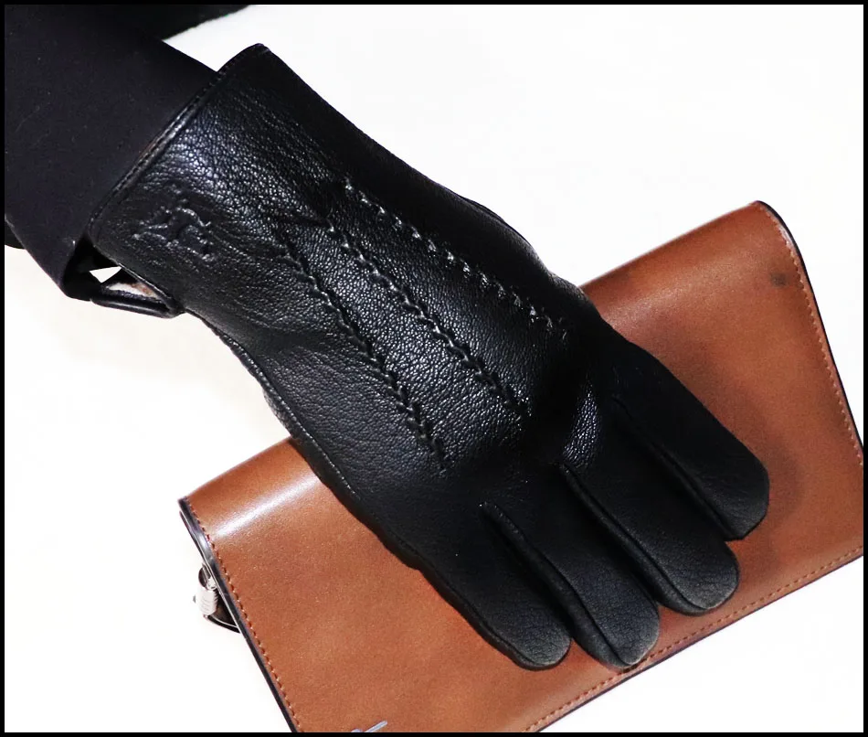 Leather Gloves Men\'s High-grade Goatskin Gloves Autumn and Winter Outdoor Warmth Plus Velvet Sheepskin Gloves Driving Gloves New