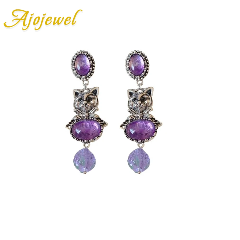 

Ajojewel Vintage Cat Earrings Purple Crystal Rhinestone Long Ear Drops Antique Silver-plated Jewelry Animal