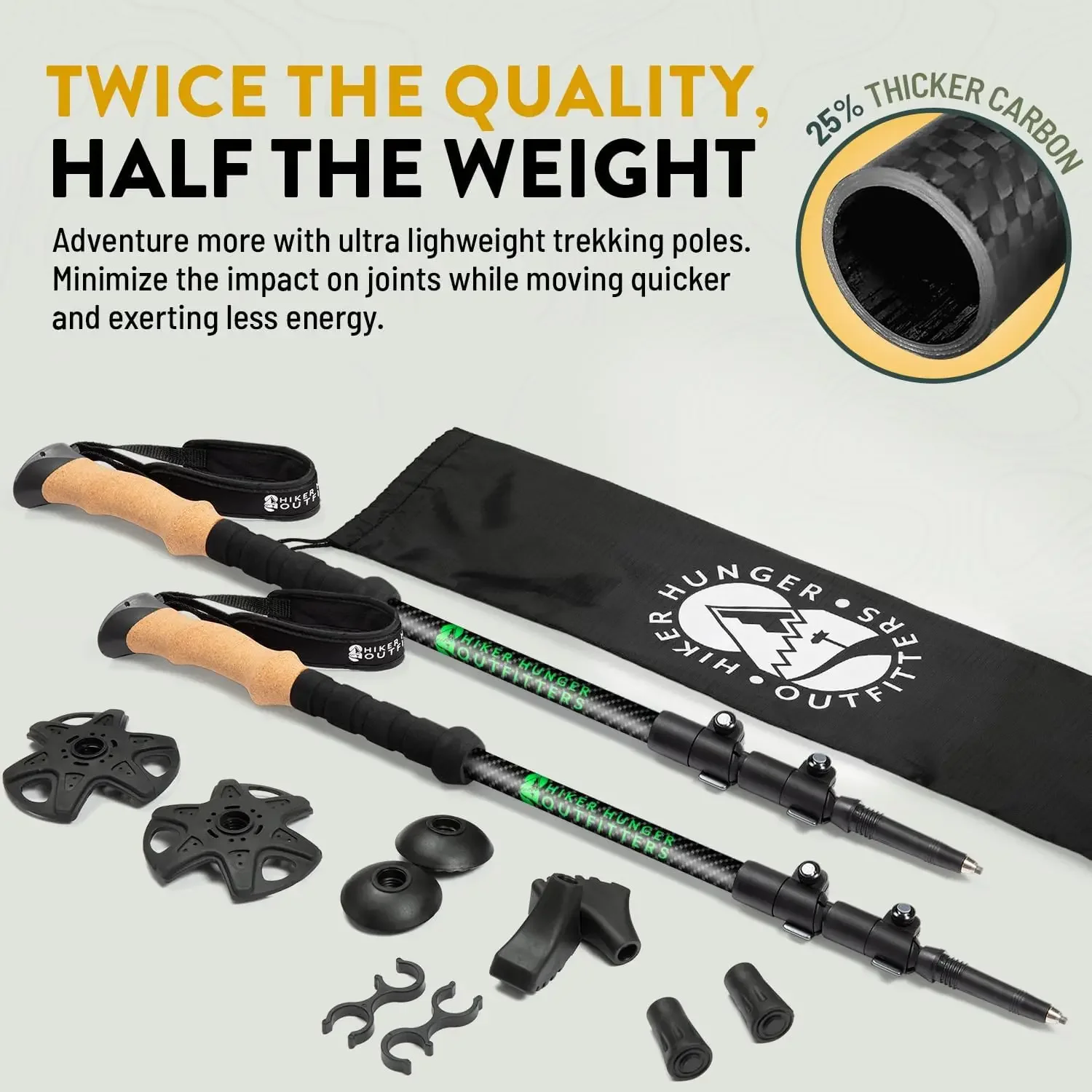 Fiber Trekking Poles by USA Brand - Ultra Strong Lightweight Collapsible Hiking Poles with Cork Grips & Quick Adjust