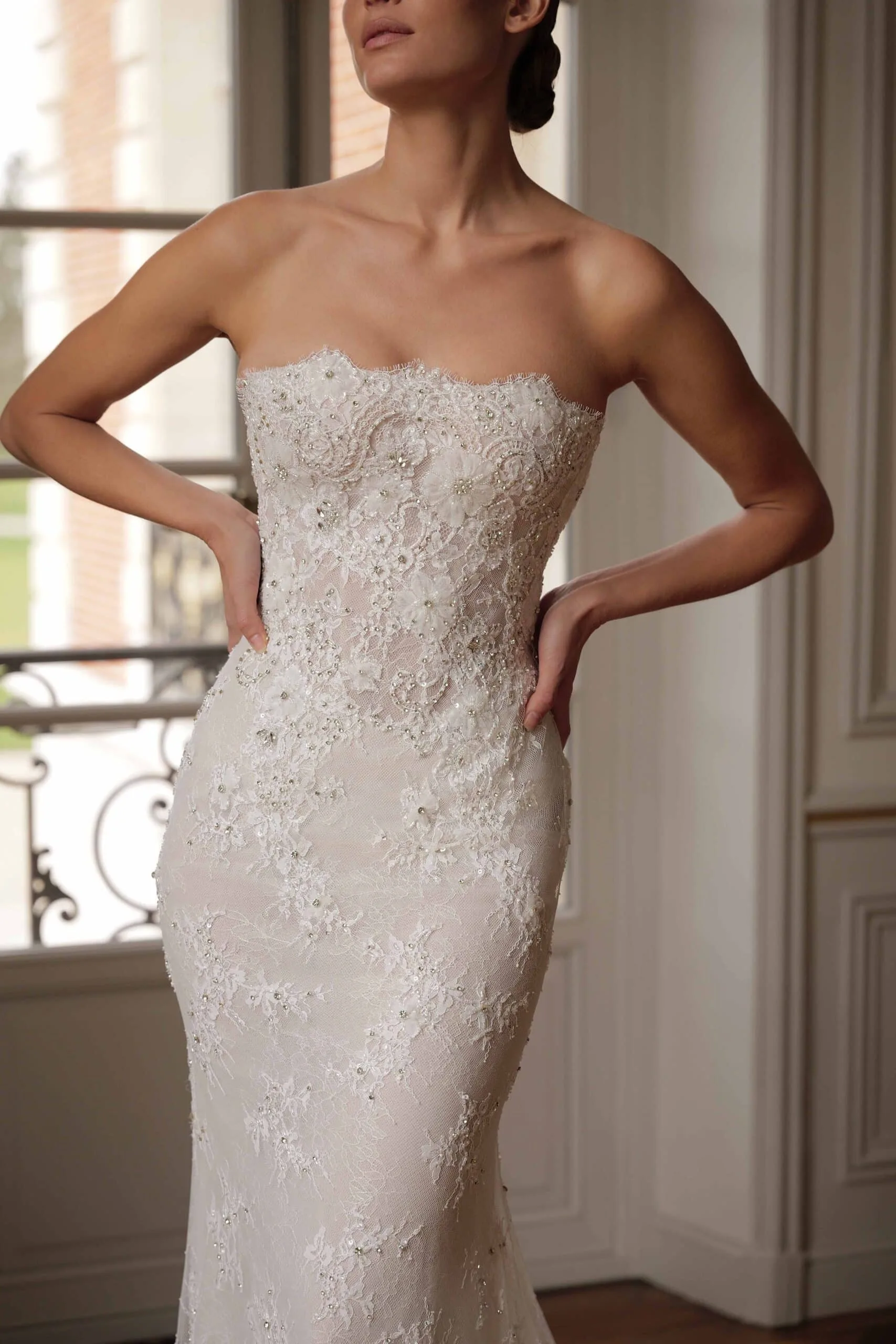 Romantic Wedding Dress Boat-Neck Sleeveless Strapless Sequins Appliques 3D Lace PearlsMermaid Bridal Gowns Vestina De Novia
