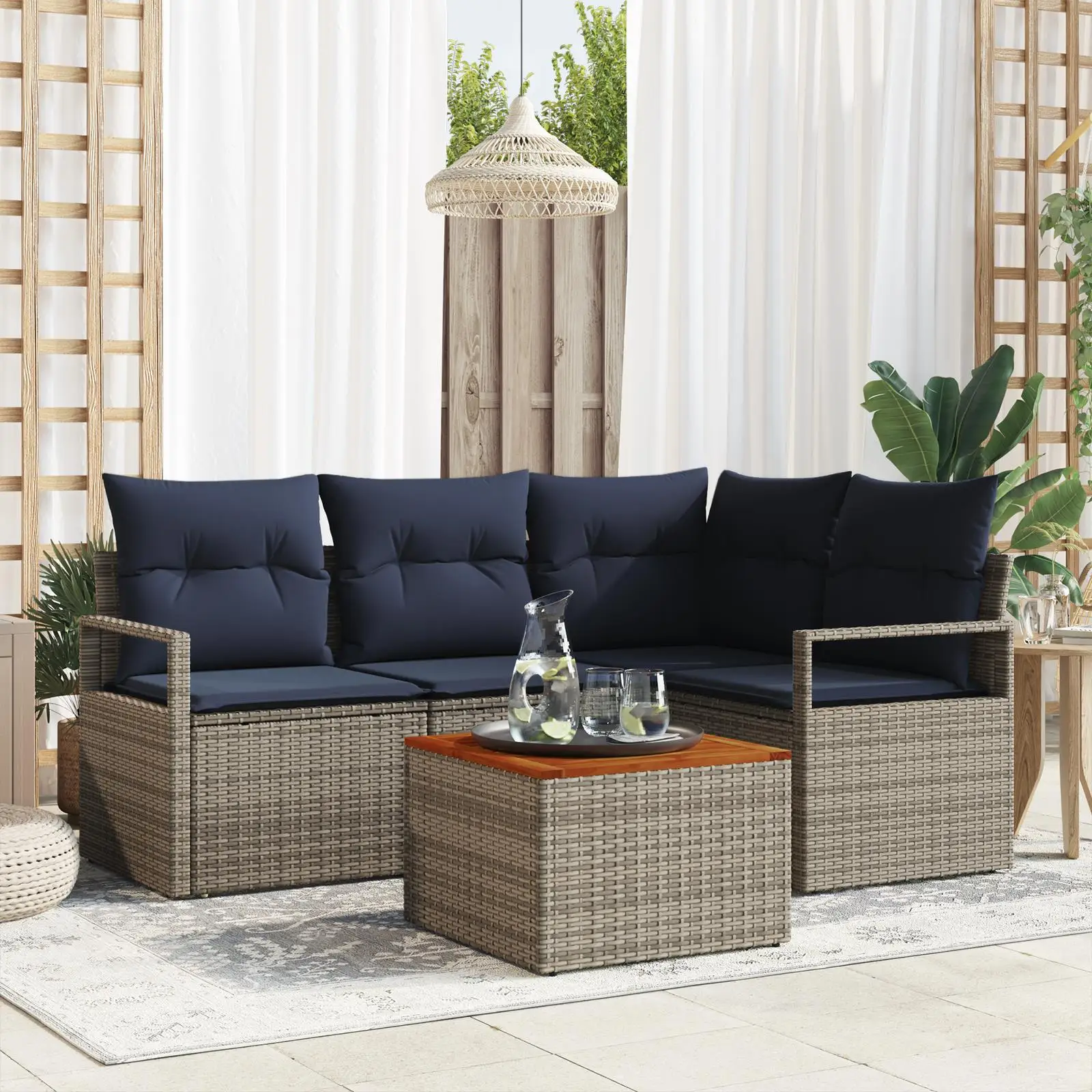 

5 Piece Outdoor Patio Sofa Set with Cushions Grey Rattan and Acacia Wood Furniture