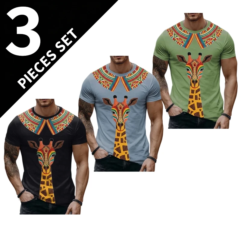 Summer Men's Giraffe Printed T-shirt with Animal Patterns, Street Fashion, Breathable, Fast Drying, 3D Printing