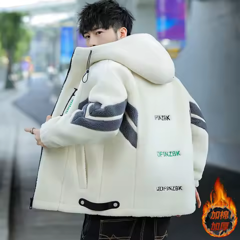 Lamb Wool Coat Men Clothing Korean Zipper Casual Cotton-padded Jacket Male Autumn Winter Fashion Pocket Long Sleeve Outerwear