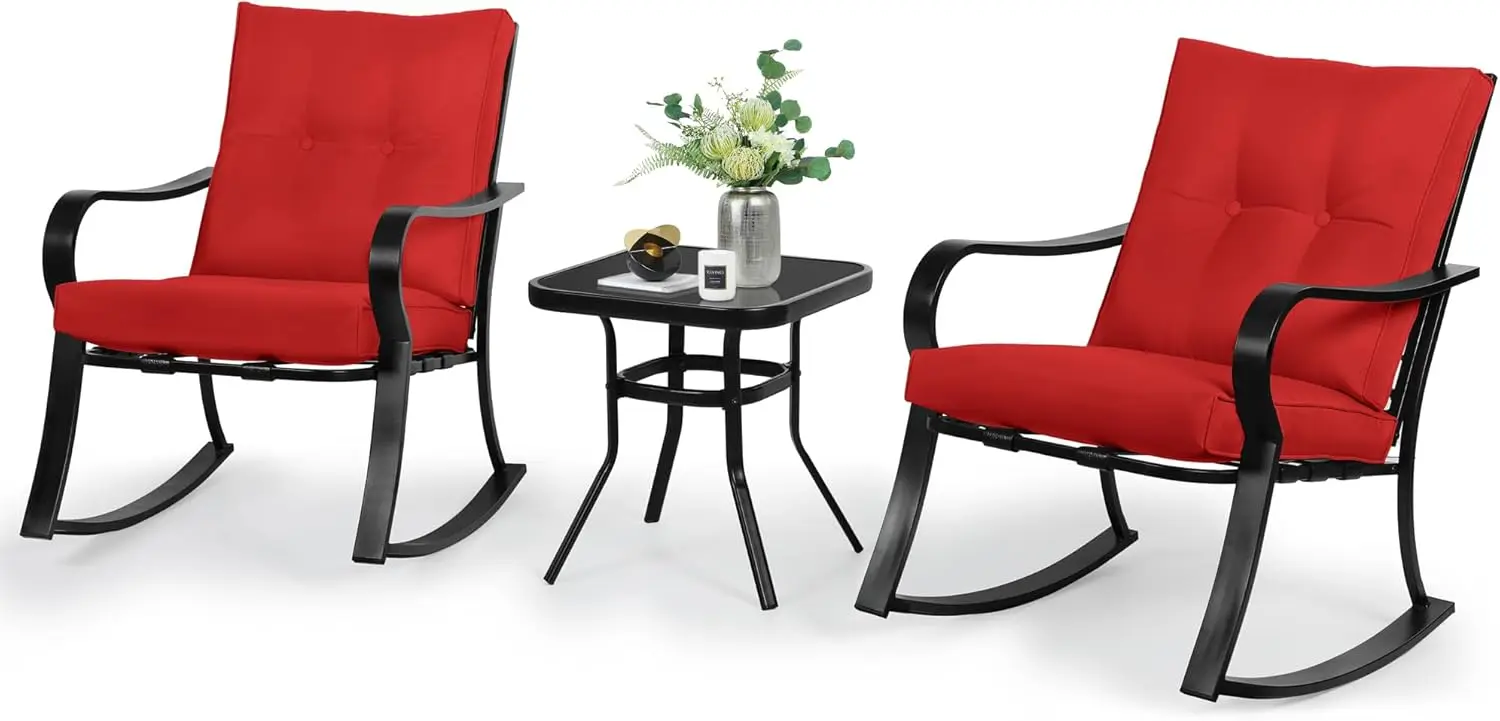 NEW 3-Piece Outdoor Rocking Chairs Bistro Set, Black Iron Patio Furniture with Red Thickened Cushion & Glass-Top Coffee Table