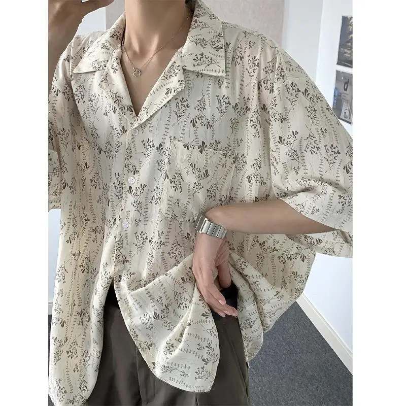 

Summer Design Loose Ice Silk Cuban Collar Floral Print Short Sleeve Men's Shirt Youth Trend Casual Beachwear Comfortable Fit