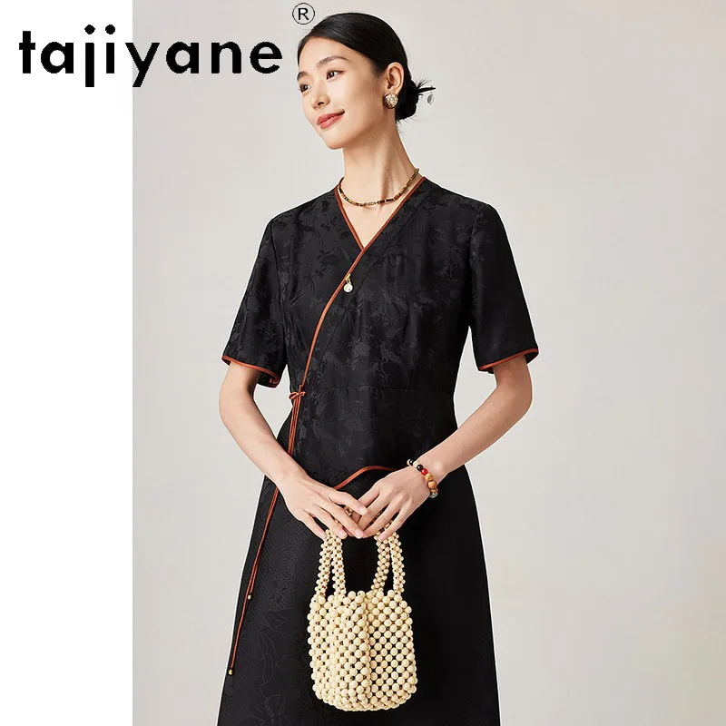 TAJIYANE 51% Mulberry Silk Dresses 2024 Women Elegant Long Dresses Chinese Style Cheongsam Summer Dress Womans Clothing 여성여름원피스