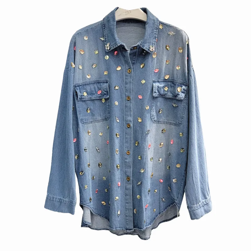 Retro Chic Light Luxury High-end Denim Shirts Women's 2025 Early Spring New Pocket Decoration Shirt Female Versatile Inner Tops