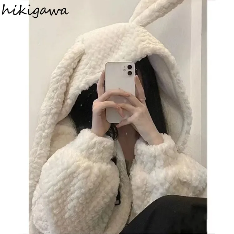 Japanese Oversized Jacket 2024 Women Clothing Cute Lamb Cashmere Hooded Thicked Y2k Coat Tops Streetwear Fashion Casual Outwear