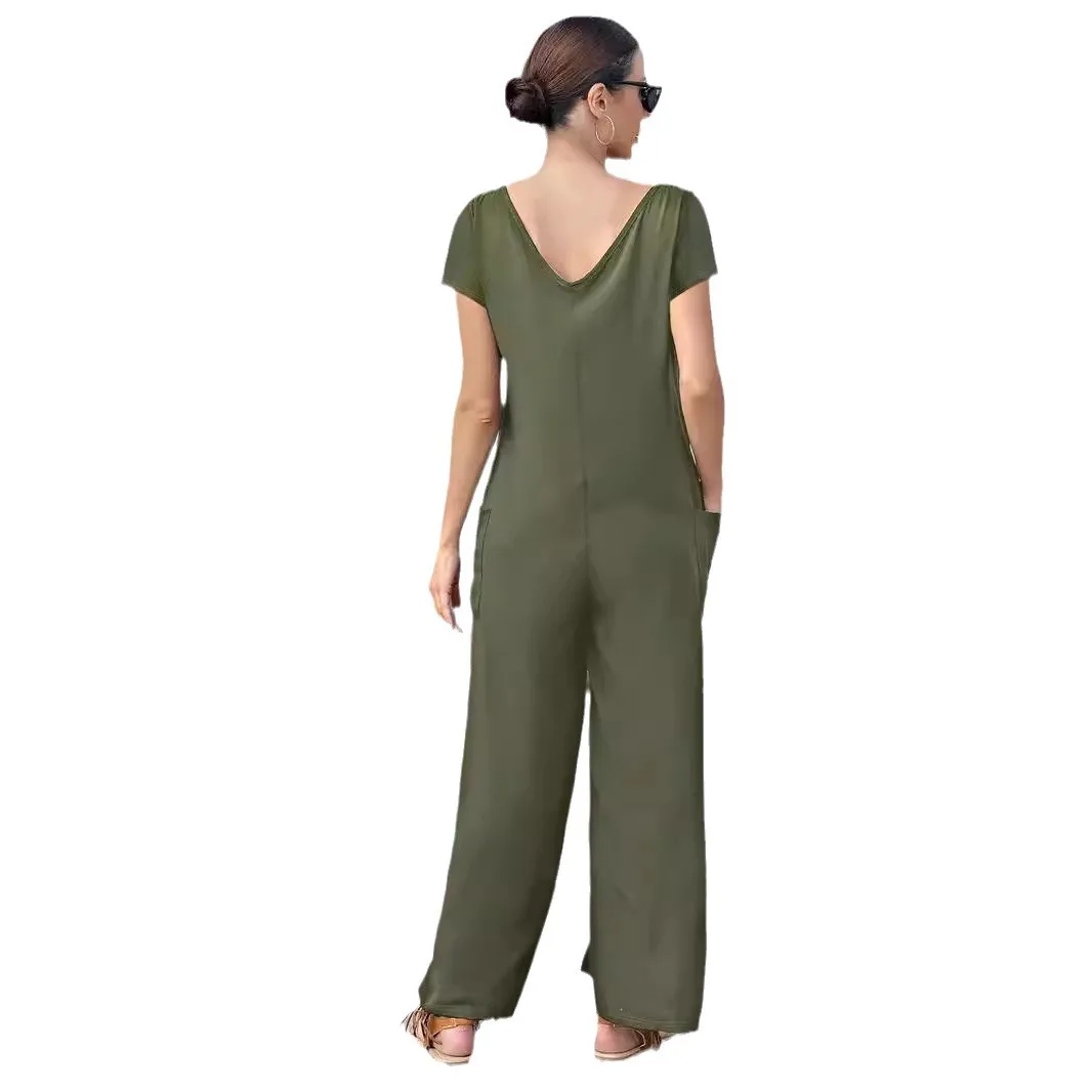 New Summer Women's Fashionable Solid Color Patch Bag Fashionable Jumpsuit V-neck Pants Wide Leg Long Pants