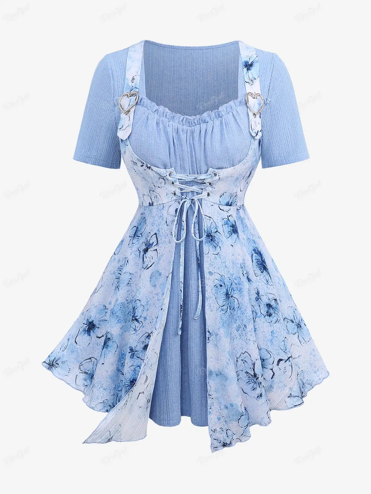 

ROSEGAL Plus Size Flowers Print Asymmetrical T-Shirt Blue Grommet Lace Up Ruffles Ruched Heart Buckle Ribbed Textured 2 In 1 Top