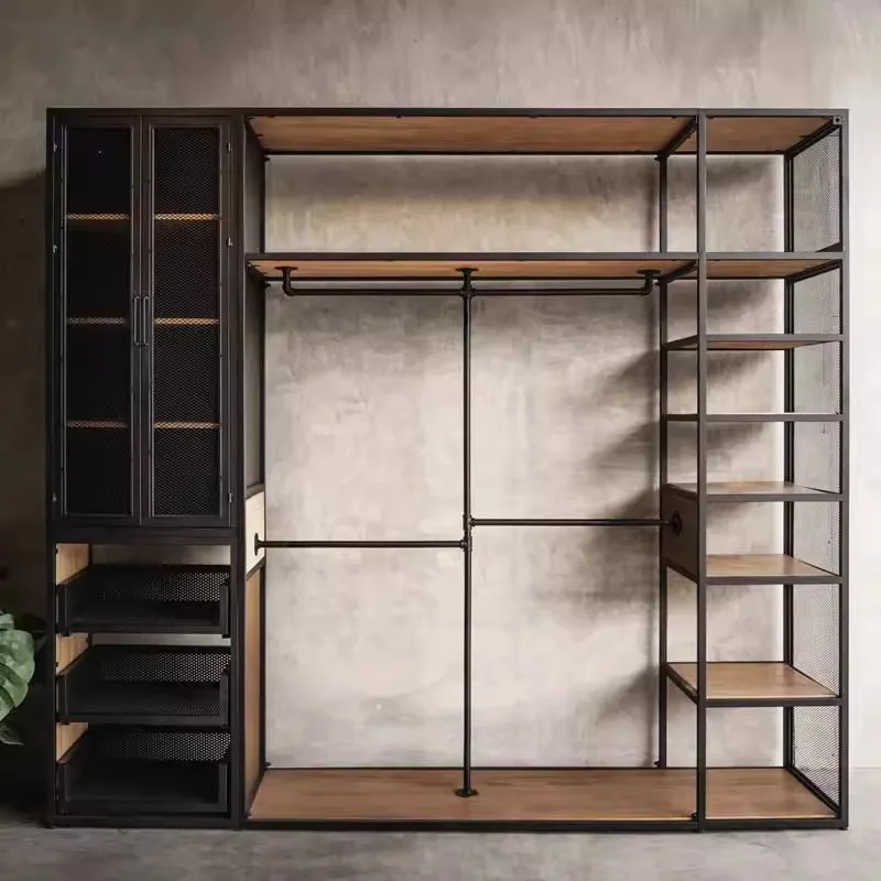 

Open Shelf Wrought Iron Hanging Wardrobe Home Bedroom Coat Rack Wardrobe Cloakroom Cabinet Combination
