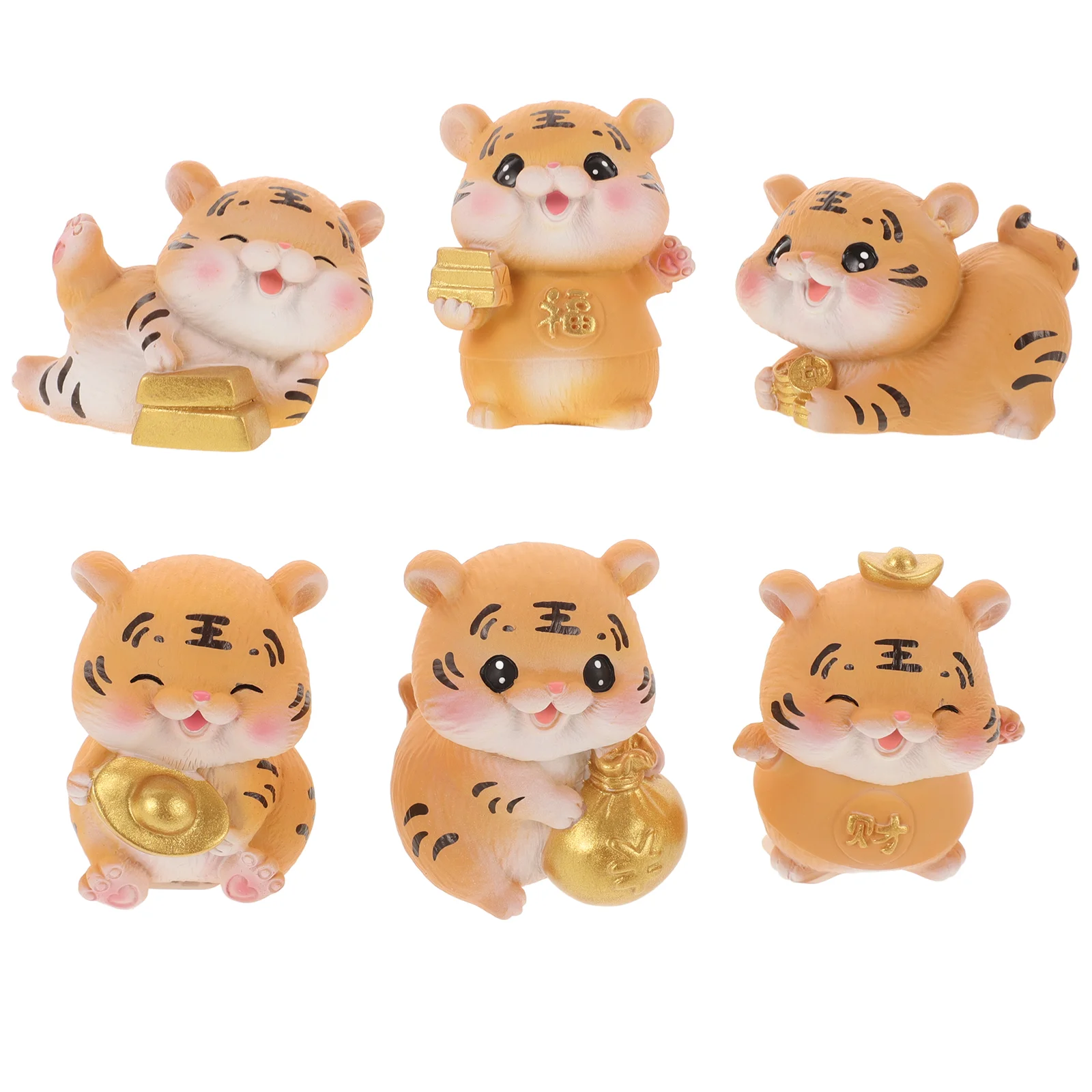 

6 Pcs Animal Lucky Tiger Ornament Crafts Decors Home Desktop Hat Car Interior Golden Resin Ornaments Mounted Child