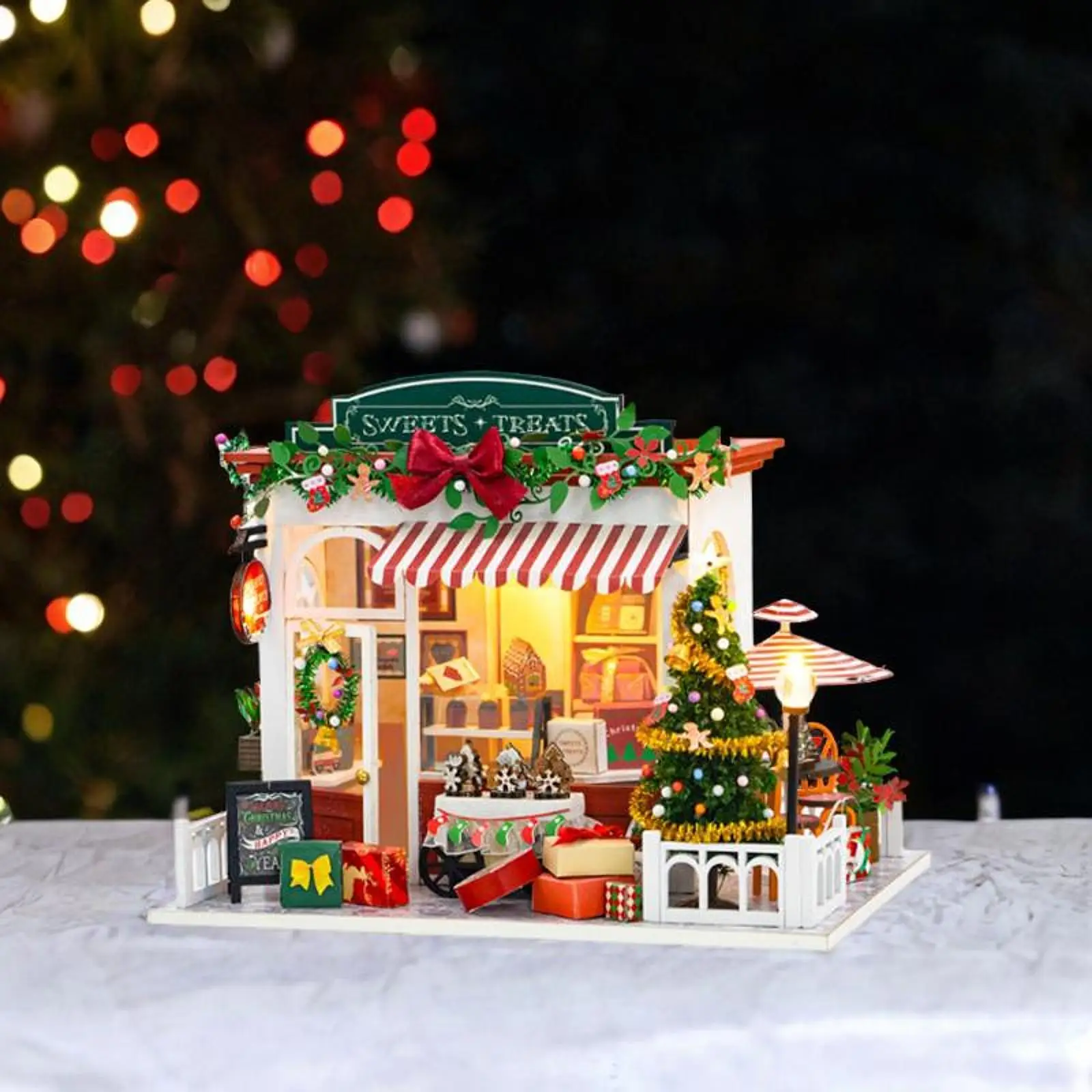 Casa de muñecas de Navidad DIY con luces y adornos, decoración de escritorio, Kit de casa de jardín en miniatura para Hobby, regalos de Navidad, habitación, tienda