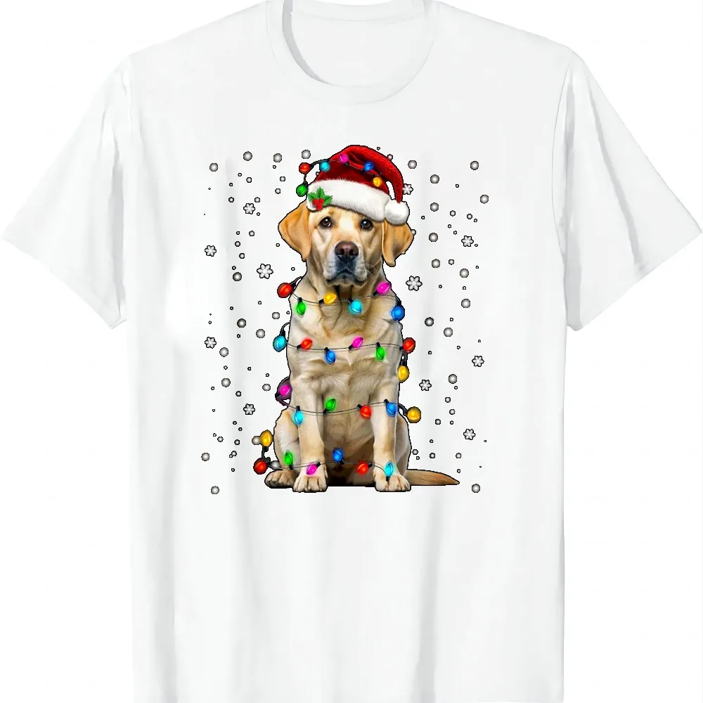 Yellow Labrador Retriever Christmas Tree Light Pajama Dog T-Shirt Y2k Funny Graphic Tee Men and Women Short Sleeves Tops