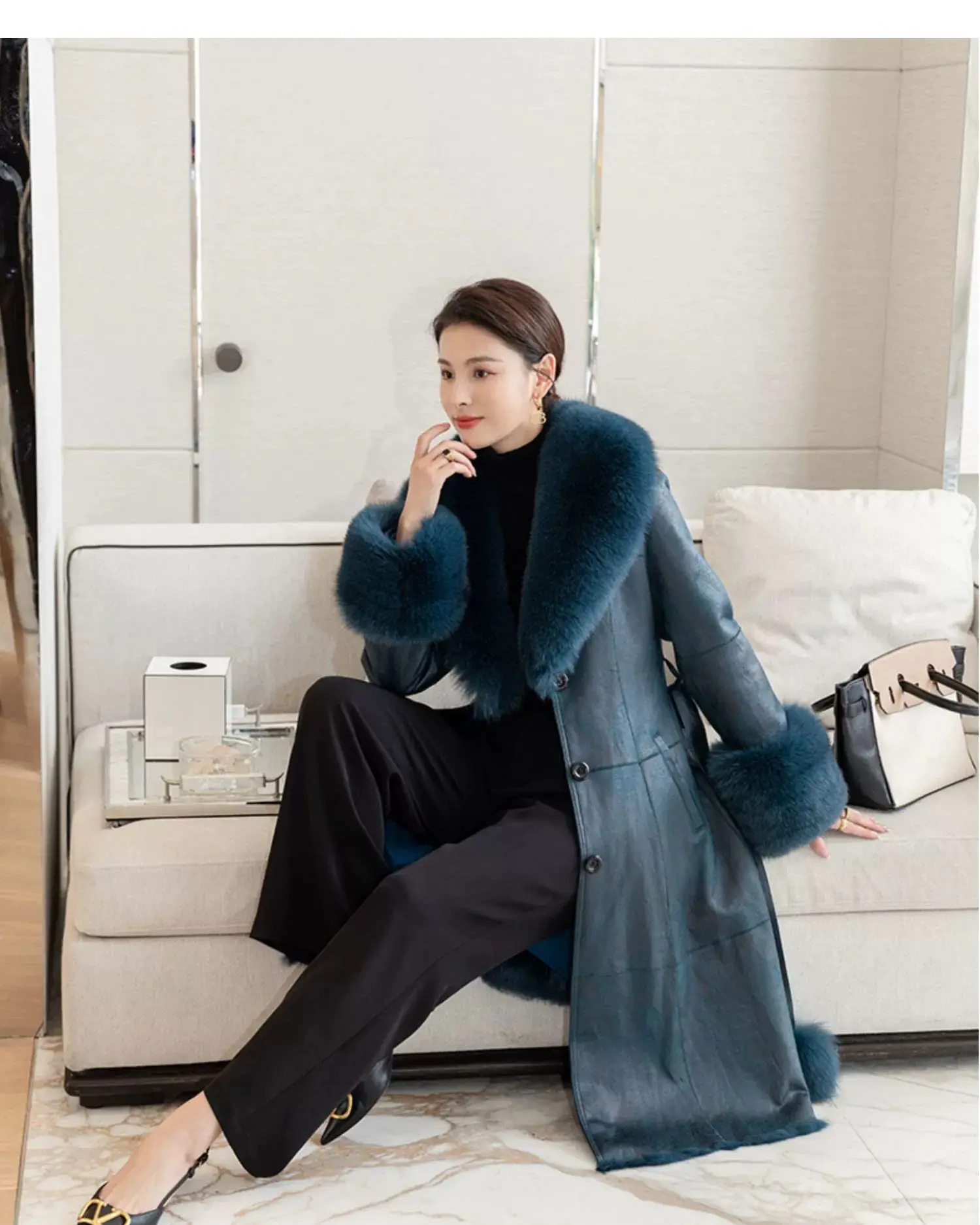 2023 New Rabbit Fur One Piece Coat for Women Mid length Fox Fur Collar Lace up Slim Fit Haining Fur Coat for Women