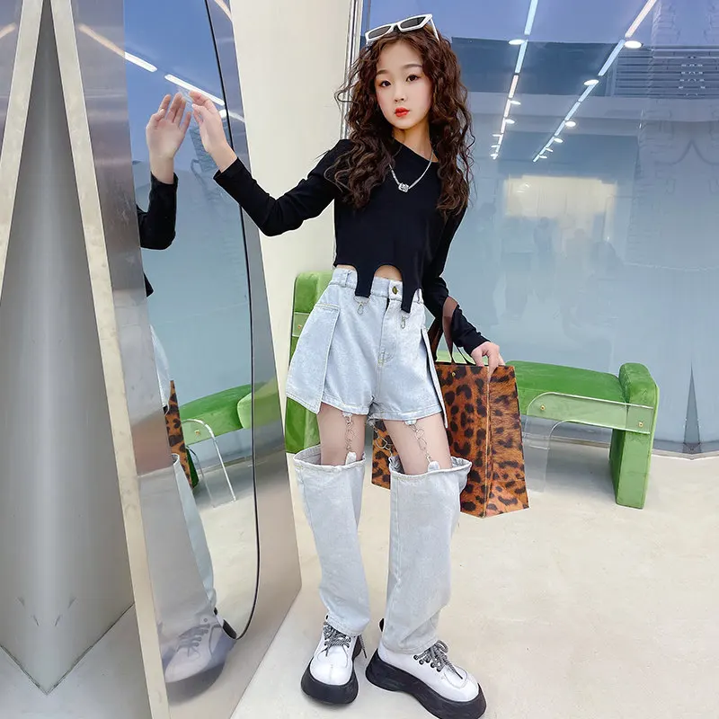 Kids Girl Hip Hop Clothing Sets Long Sleeves Crop Tops Jeans Pants with Chain New Fashion Clothes Streetwear Dance Stage Costume