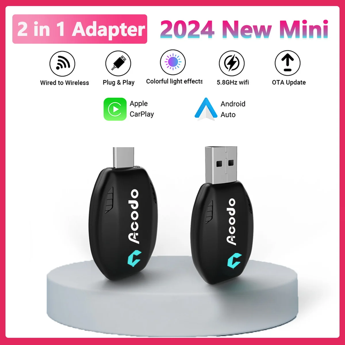 Acodo 2in1 CarPlay Android Auto Mini Box Wired To Wireless USB Type-C Carplay Box Smart Dongle Bluetooth WiFi Connect Plug&Play