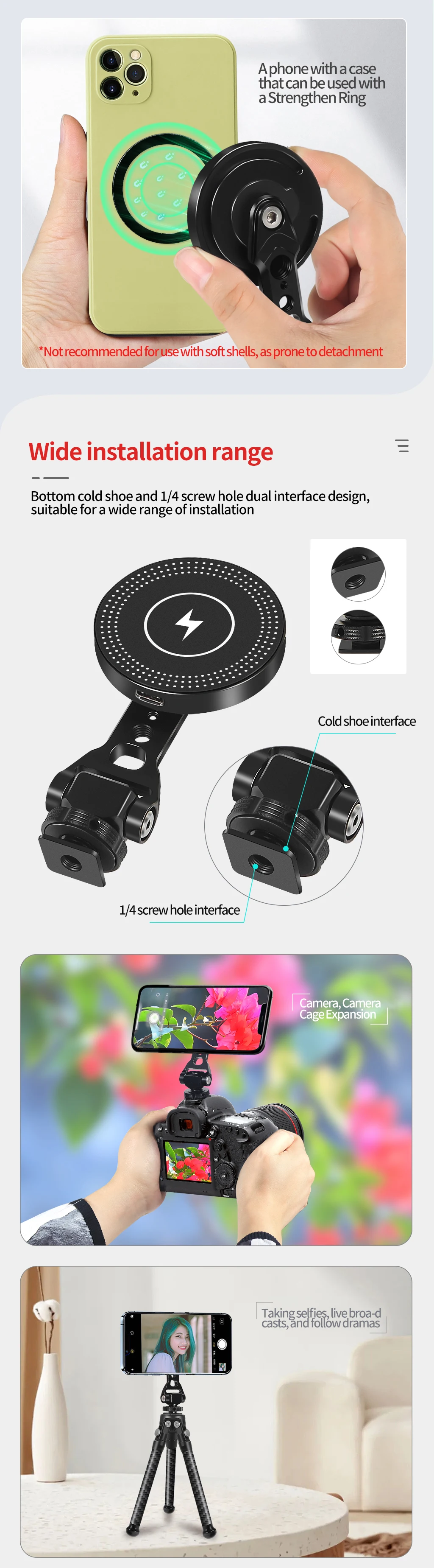 Neue Magnetische 10W Drahtlose Ladegerät Handy Halter Stehen Kugelkopf Tilt 1/4 Kalten Schuh Halterung für iPhone Magsafe magnet Halterung – Detail 4