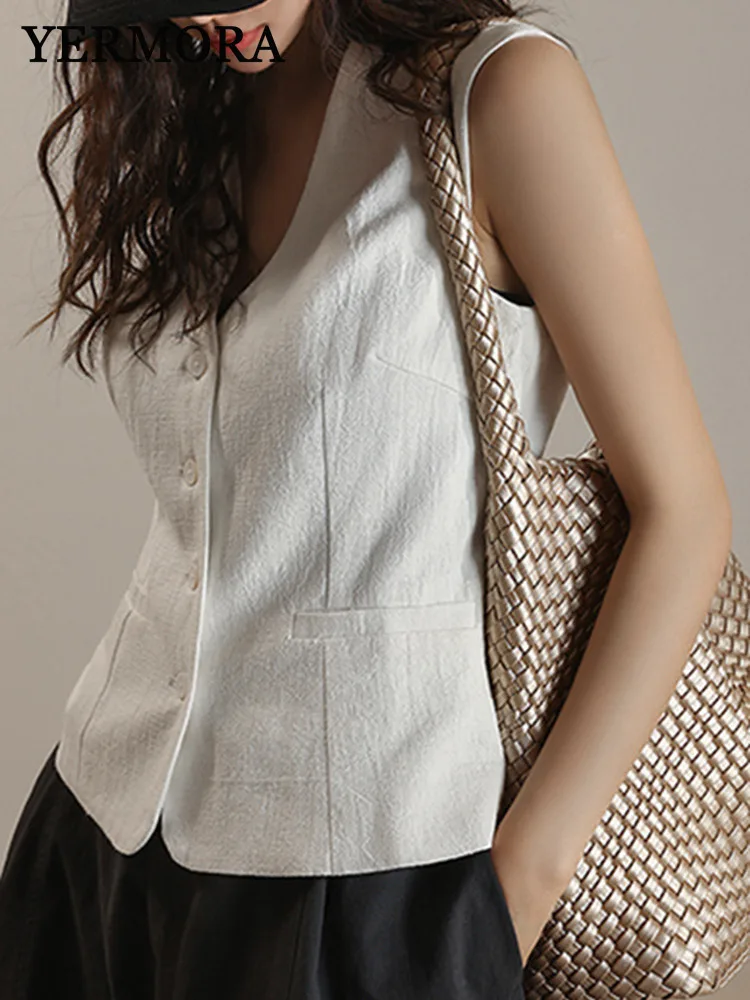 

YERMORA White Linen Brief Button Casual Vest For Women V-neck Sleeveless Loose New Coat Fashion Tide Srping Summer 2025