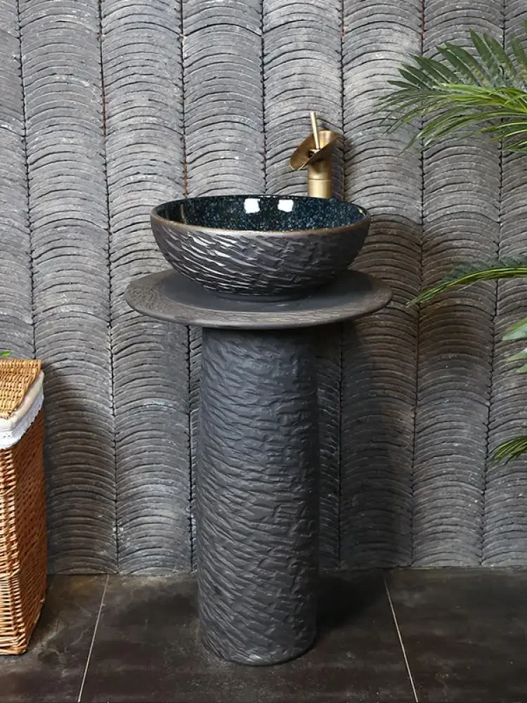 Balcony ceramic column basin integrated floor-to-ceiling washbasin bathroom art outdoor washbasin courtyard stone pattern