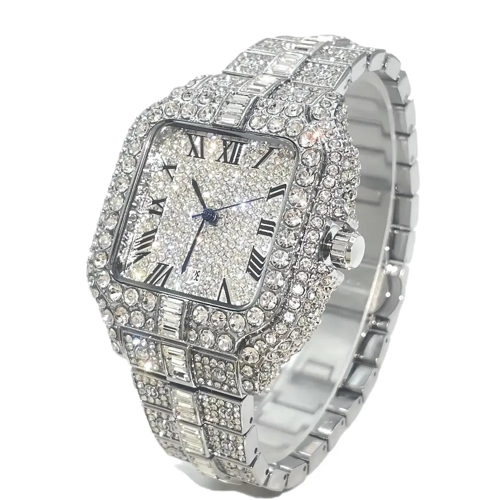 Luxury Diamond Watch for Men Hip Hop Style Bling Bling Iced Out Wristwatch Fashion Square Stainless Steel Waterproof Clock 2024