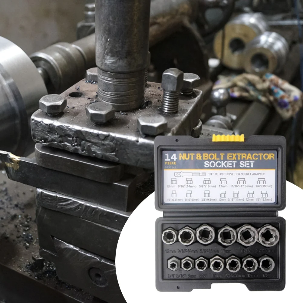 

14 Pieces Impact Bolt & Nut Remover Set with Storage Case Bolt Extractor Tool Set Alloy Nut Bolt Extractor Sleeve Set