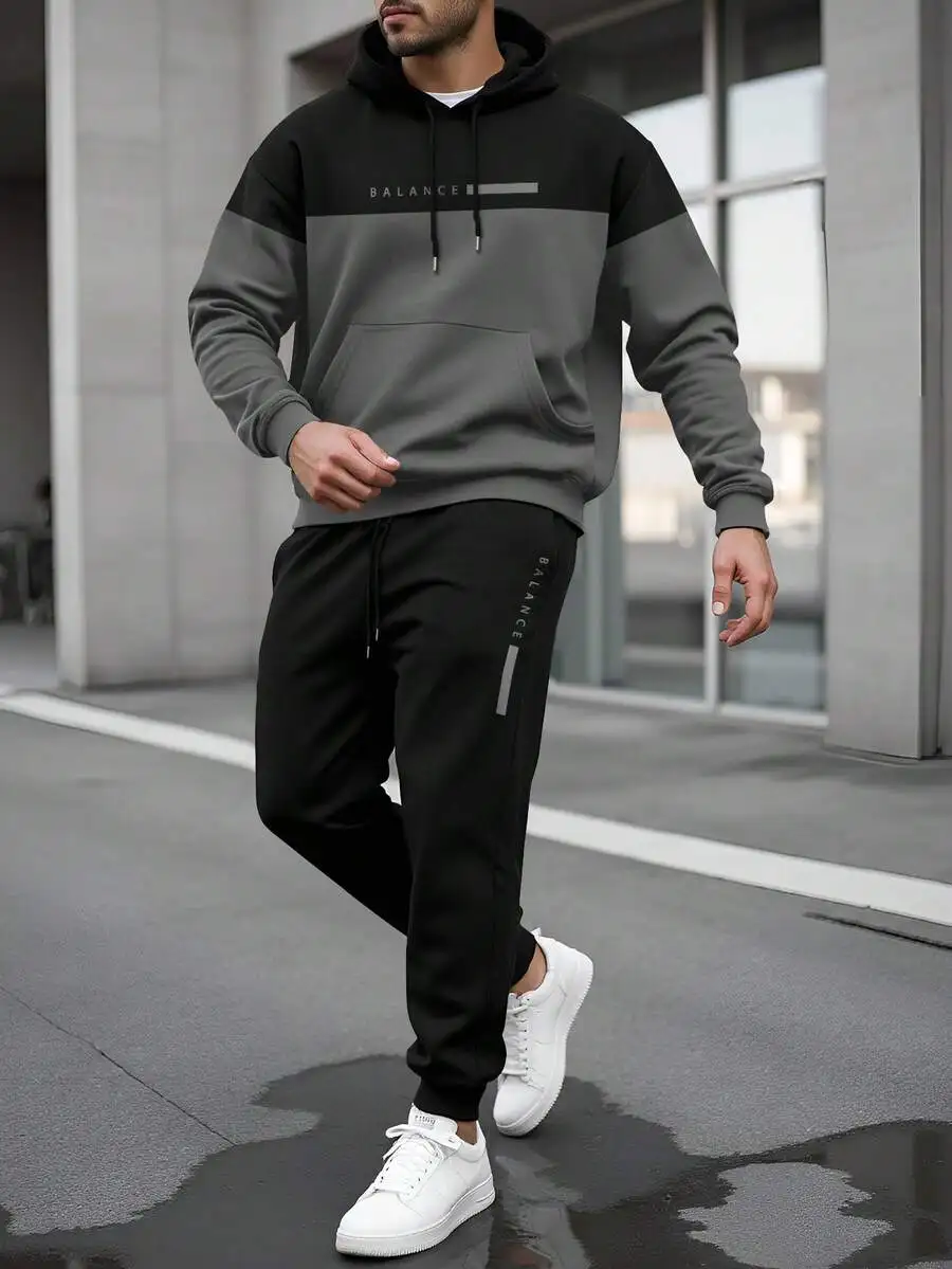 

Mens Contrast Color Letter Print Drawstring Hoodie And Sweatpants Casual Set