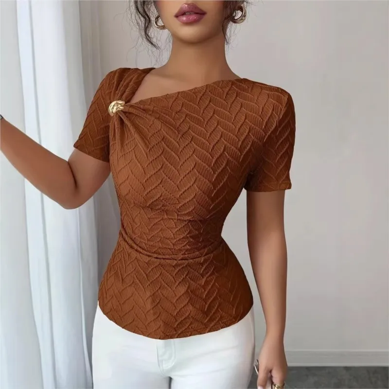 

Sexy Fashion Women's Slim T-shirt 2026 Summer Solid Color Asymmetrical Neck with Metal Decoration Short sleeves T-shirt Top