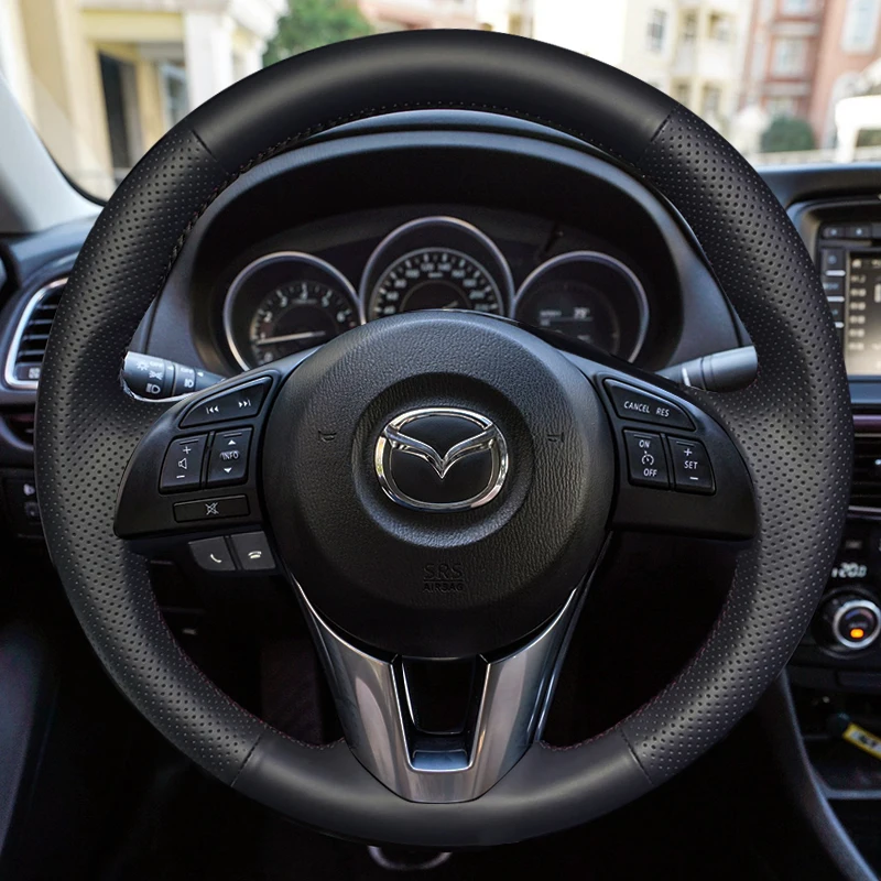 

100% подходит для Mazda 2 3 Axela 2013-2016 Mazda 6 Atenza, прошитый вручную черный чехол на руль из натуральной кожи из углеродного волокна