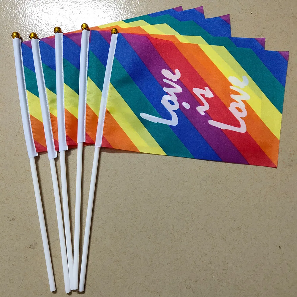 5pcs / lot Rainbow Pride Hand Held Flag 14*21cm with Pole LGBT Festival Parade Decoration