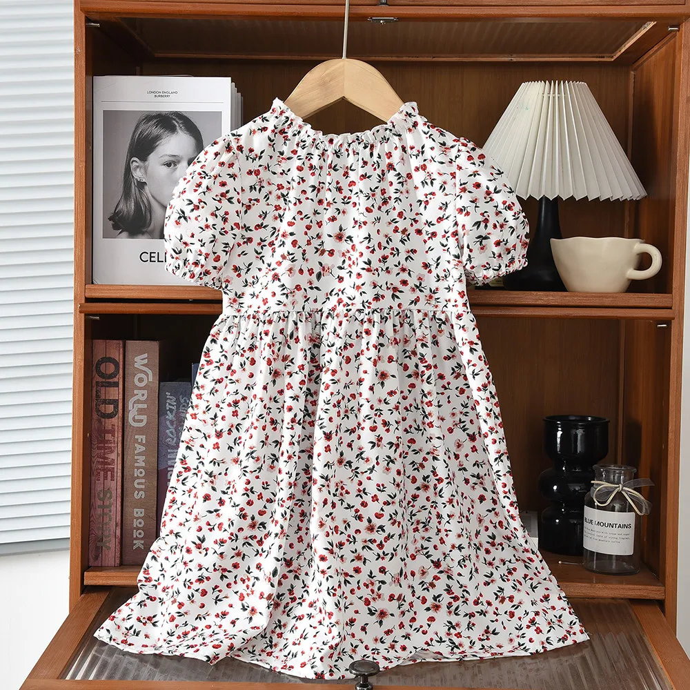 Korean Version Summer New Casual Countryside Style Round Neck Bubble Sleeve Bow Floral Princess Dress for Girls Aged 3-7