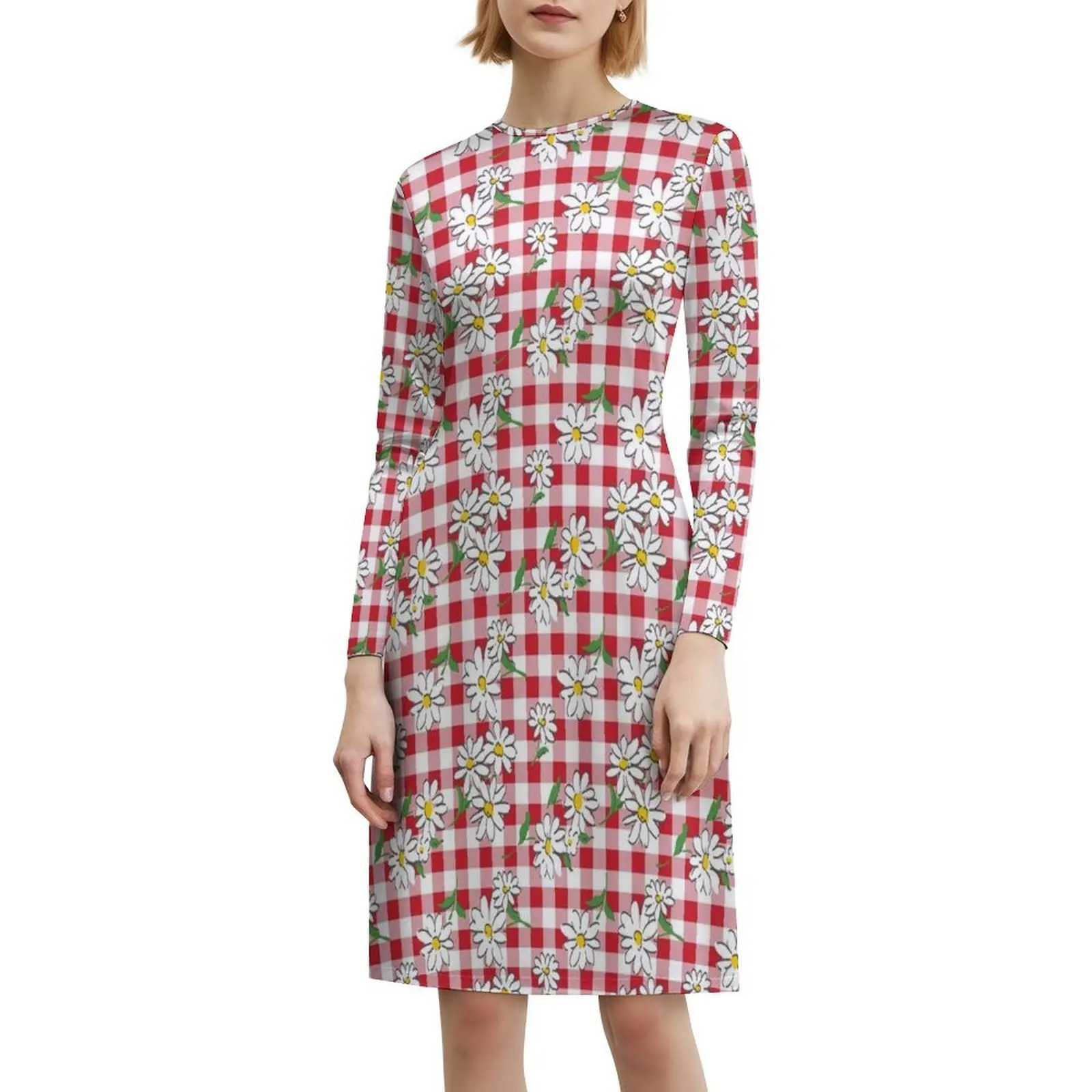 Marguerites sur vichy rouge robe bohème sans manches pour les femmes imprimer robes de fête de plage marguerite marguerites fleurs rouge vichy soirée