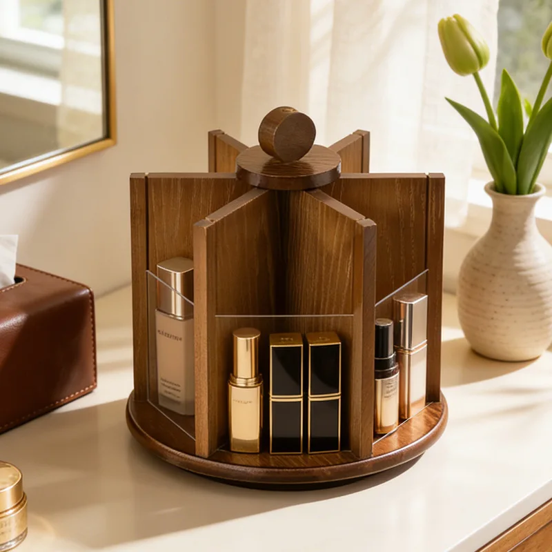 Wooden Rotating Makeup Organizer Box Skincare Perfume Vanity Jewelry Rack Daily Useful Home Room Desktop Premium Decor Stand