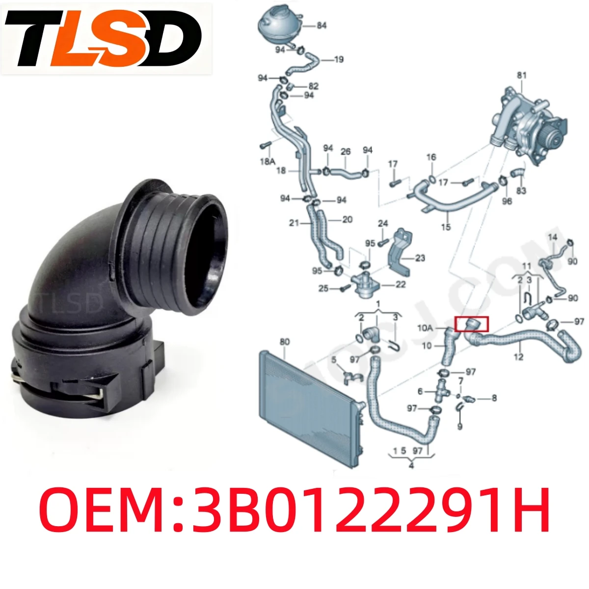 Conector Rápido para Manguera Superior del Radiador del Motor de Segunda Generación Ea888. 3B0122291H. Compatible con Volkswagen Tiguan, Magotan, Sagitar, Sharan, Tt/Tts, Cc, Seat, Skoda Superb, Octavia, Yeti