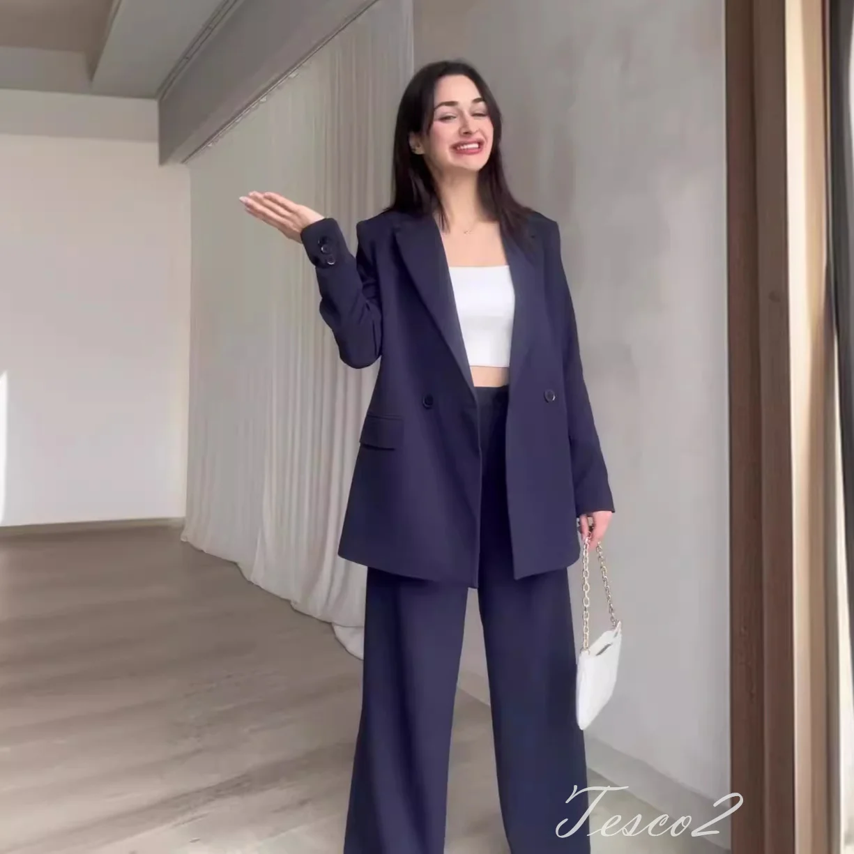 Tesco Sky Blue Casual Suit Blazer For Women Lapel collar Jacket Wide Leg Pants For Spring Summer Thin Office Pant Sets 2024